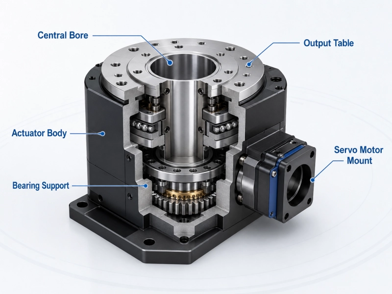 hollow rotary actuator structure with central bore and servo mounting
