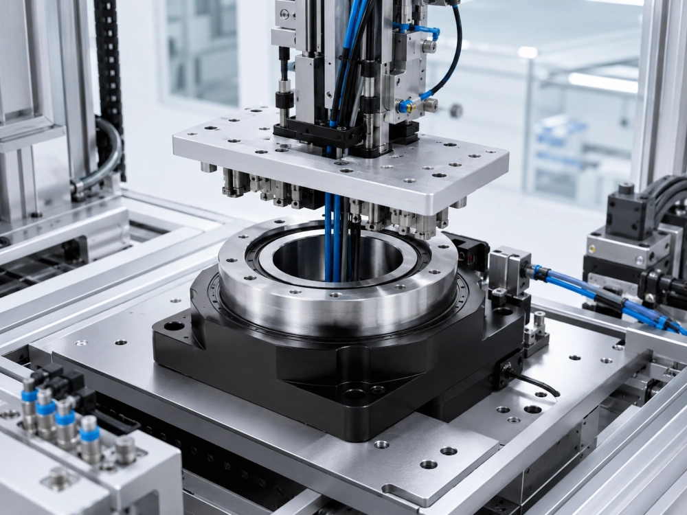 clean automation layout using hollow bore rotary table